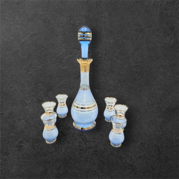 Vintage Bohemia Decanter Set with 6 Glasses Frosted Blue with Gold Gilt Trim - Picture 1 of 14